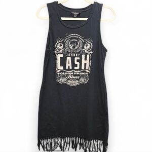 Rock & Republic Johnny Cash Black Graphic Fringe Tank Tee Large Band Country
